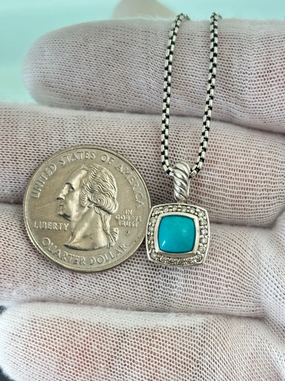 David Yurman Petite Albion Pendant Necklace with Turquoise & Diamonds 17" - Picture 8 of 9